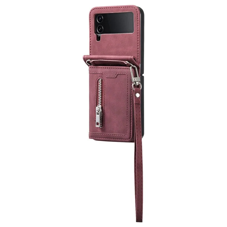 For Samsung Galaxy Z Flip4 5G Case Card Holder PU Leather Kickstand Phone Cover with Hand Strap
