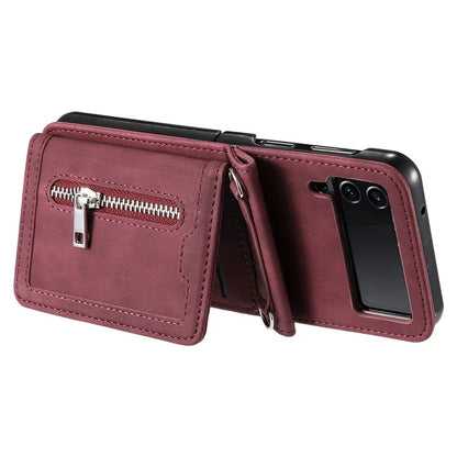 For Samsung Galaxy Z Flip4 5G Case Card Holder PU Leather Kickstand Phone Cover with Hand Strap