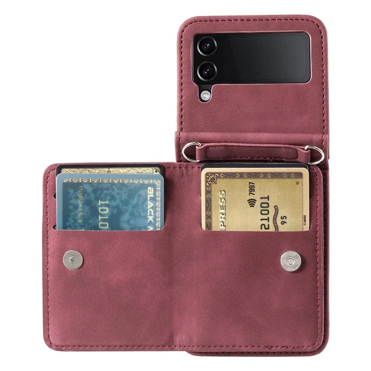 For Samsung Galaxy Z Flip4 5G Case Card Holder PU Leather Kickstand Phone Cover with Hand Strap