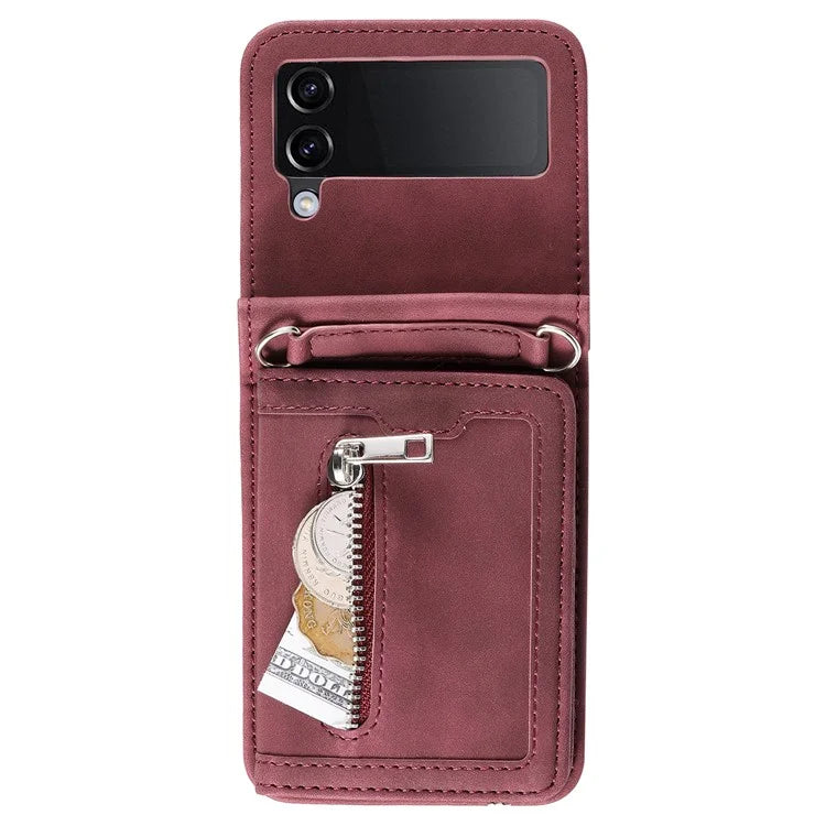 For Samsung Galaxy Z Flip4 5G Case Card Holder PU Leather Kickstand Phone Cover with Hand Strap