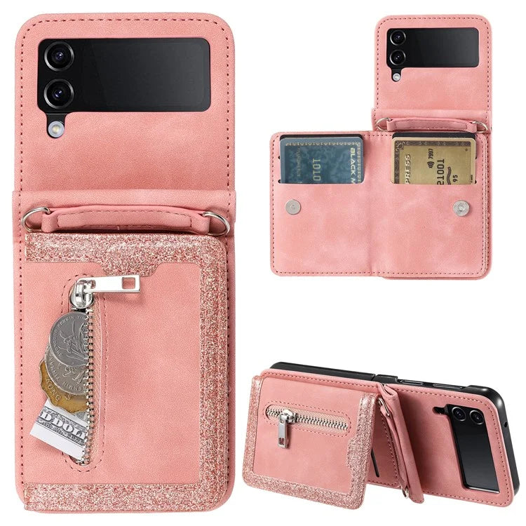 For Samsung Galaxy Z Flip4 5G Case Card Holder PU Leather Kickstand Phone Cover with Hand Strap
