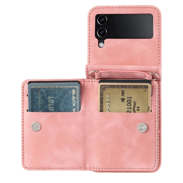 For Samsung Galaxy Z Flip4 5G Case Card Holder PU Leather Kickstand Phone Cover with Hand Strap