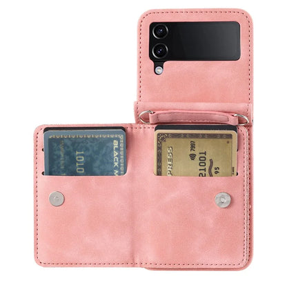 For Samsung Galaxy Z Flip4 5G Case Card Holder PU Leather Kickstand Phone Cover with Hand Strap