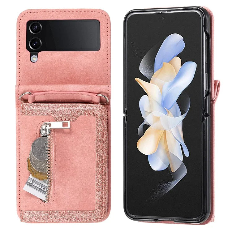 For Samsung Galaxy Z Flip4 5G Case Card Holder PU Leather Kickstand Phone Cover with Hand Strap