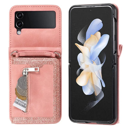 For Samsung Galaxy Z Flip4 5G Case Card Holder PU Leather Kickstand Phone Cover with Hand Strap