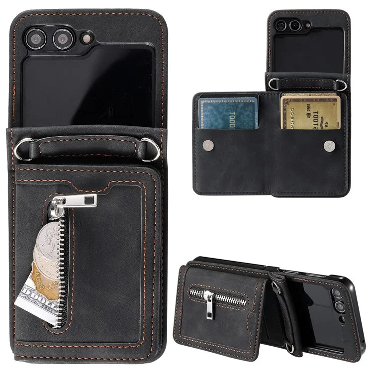For Samsung Galaxy Z Flip5 5G Case Kickstand Card Holder Phone Leather Cover with Hand Strap