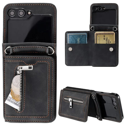 For Samsung Galaxy Z Flip5 5G Case Kickstand Card Holder Phone Leather Cover with Hand Strap