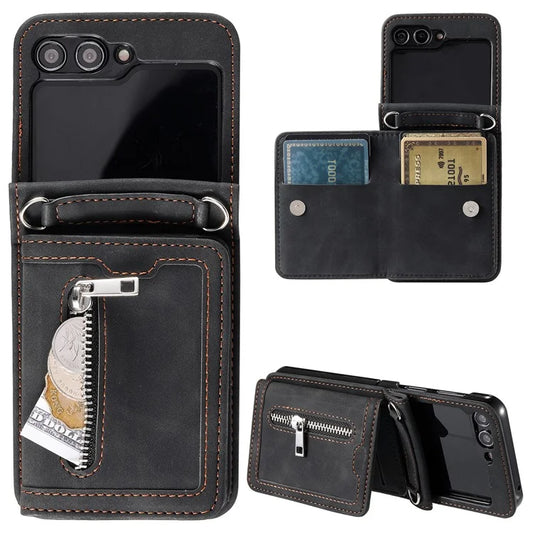 For Samsung Galaxy Z Flip5 5G Case Kickstand Card Holder Phone Leather Cover with Hand Strap