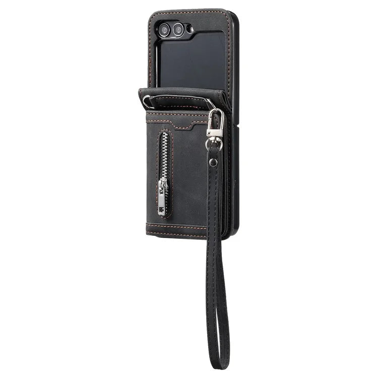 For Samsung Galaxy Z Flip5 5G Case Kickstand Card Holder Phone Leather Cover with Hand Strap