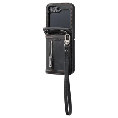 For Samsung Galaxy Z Flip5 5G Case Kickstand Card Holder Phone Leather Cover with Hand Strap