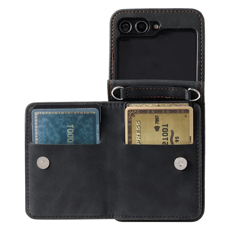 For Samsung Galaxy Z Flip5 5G Case Kickstand Card Holder Phone Leather Cover with Hand Strap
