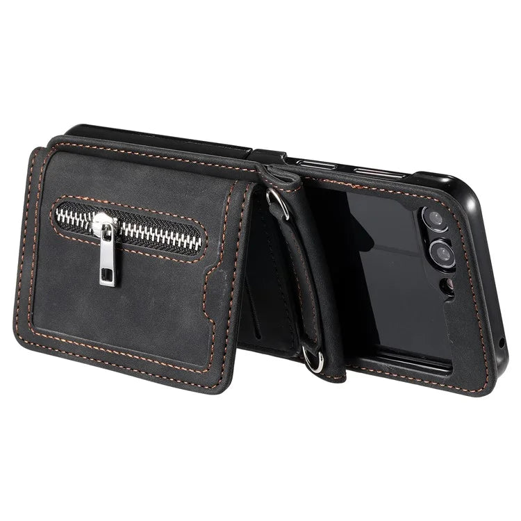 For Samsung Galaxy Z Flip5 5G Case Kickstand Card Holder Phone Leather Cover with Hand Strap