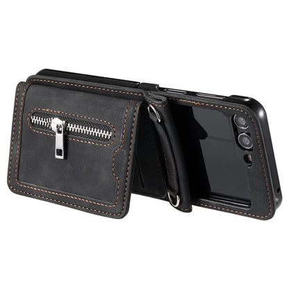 For Samsung Galaxy Z Flip5 5G Case Kickstand Card Holder Phone Leather Cover with Hand Strap