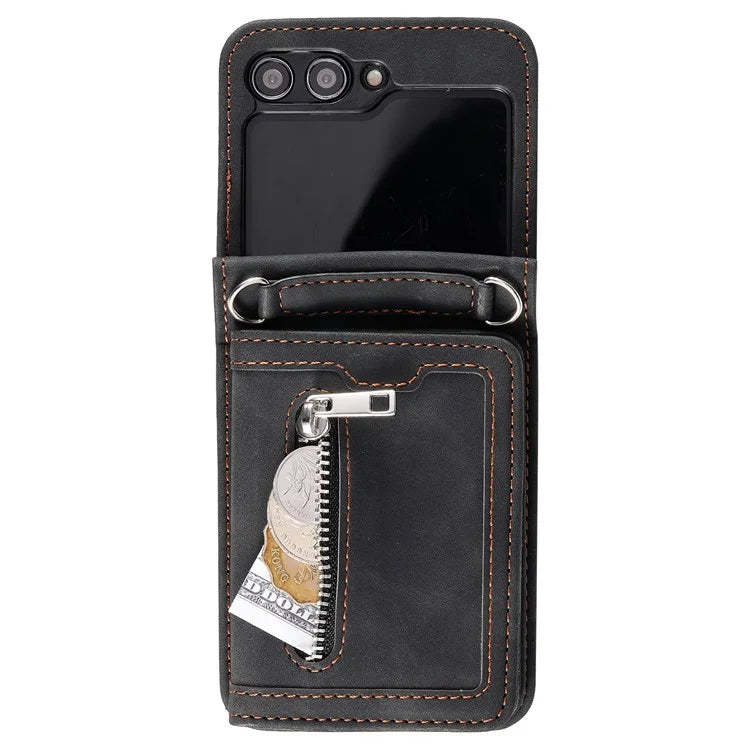For Samsung Galaxy Z Flip5 5G Case Kickstand Card Holder Phone Leather Cover with Hand Strap