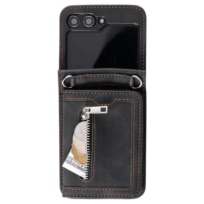 For Samsung Galaxy Z Flip5 5G Case Kickstand Card Holder Phone Leather Cover with Hand Strap