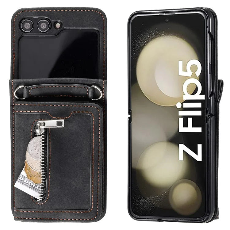 For Samsung Galaxy Z Flip5 5G Case Kickstand Card Holder Phone Leather Cover with Hand Strap