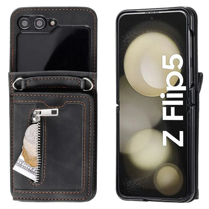 For Samsung Galaxy Z Flip5 5G Case Kickstand Card Holder Phone Leather Cover with Hand Strap