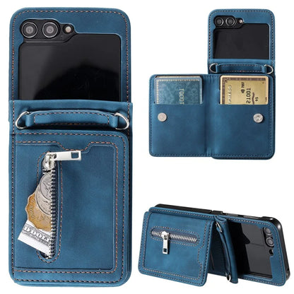 For Samsung Galaxy Z Flip5 5G Case Kickstand Card Holder Phone Leather Cover with Hand Strap