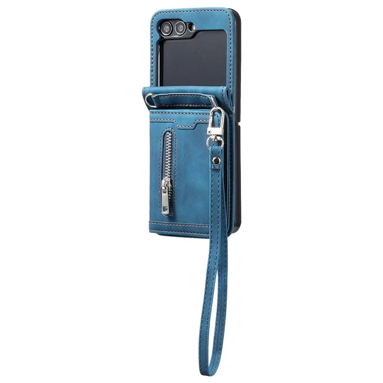 For Samsung Galaxy Z Flip5 5G Case Kickstand Card Holder Phone Leather Cover with Hand Strap