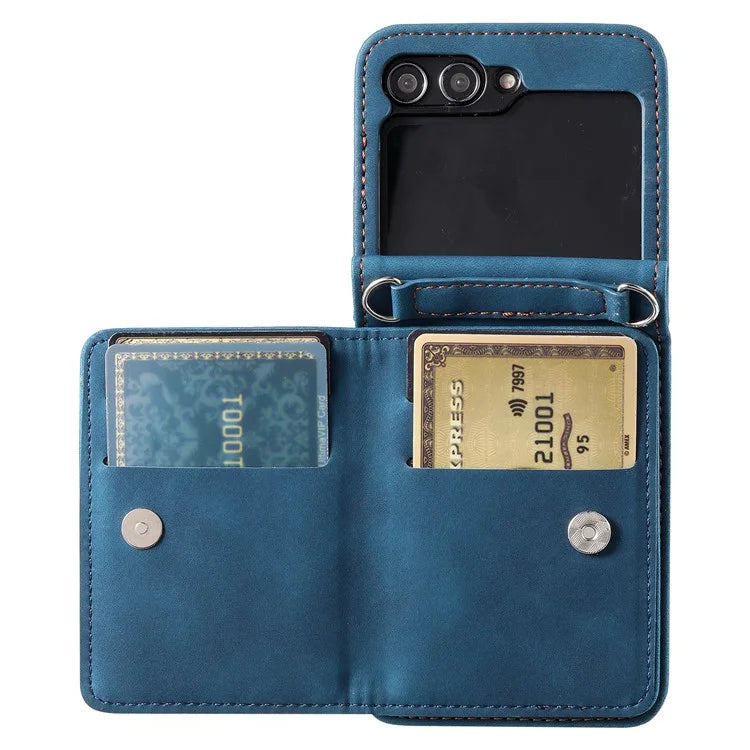For Samsung Galaxy Z Flip5 5G Case Kickstand Card Holder Phone Leather Cover with Hand Strap
