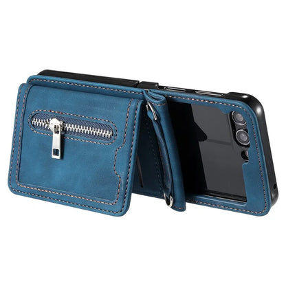 For Samsung Galaxy Z Flip5 5G Case Kickstand Card Holder Phone Leather Cover with Hand Strap