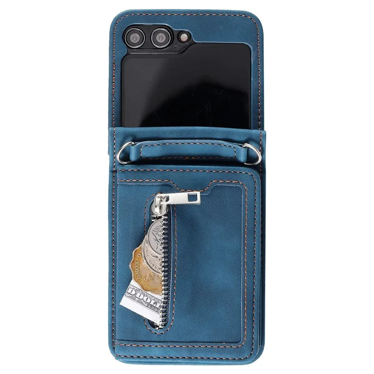 For Samsung Galaxy Z Flip5 5G Case Kickstand Card Holder Phone Leather Cover with Hand Strap