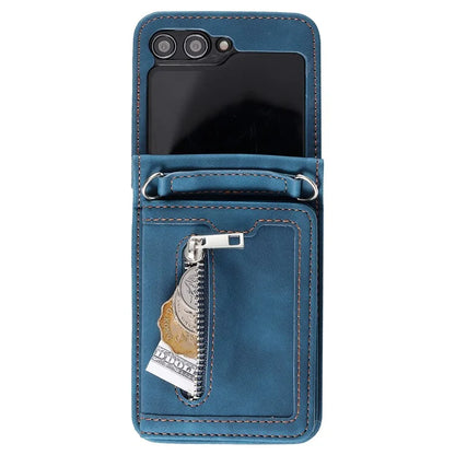 For Samsung Galaxy Z Flip5 5G Case Kickstand Card Holder Phone Leather Cover with Hand Strap