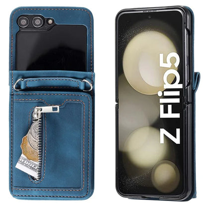 For Samsung Galaxy Z Flip5 5G Case Kickstand Card Holder Phone Leather Cover with Hand Strap