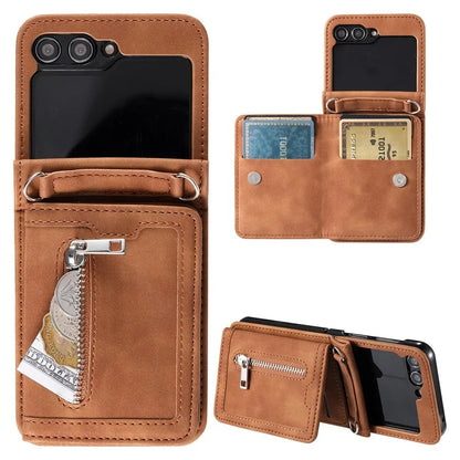 For Samsung Galaxy Z Flip5 5G Case Kickstand Card Holder Phone Leather Cover with Hand Strap