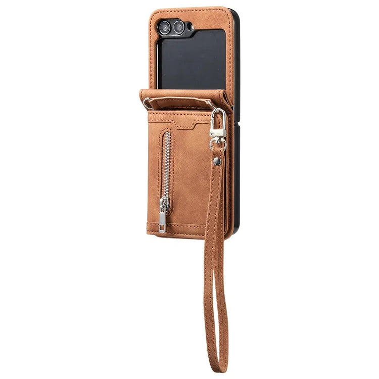 For Samsung Galaxy Z Flip5 5G Case Kickstand Card Holder Phone Leather Cover with Hand Strap