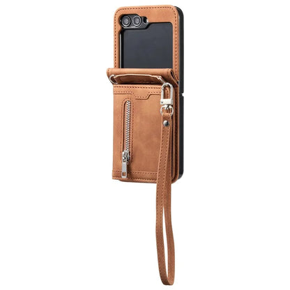 For Samsung Galaxy Z Flip5 5G Case Kickstand Card Holder Phone Leather Cover with Hand Strap