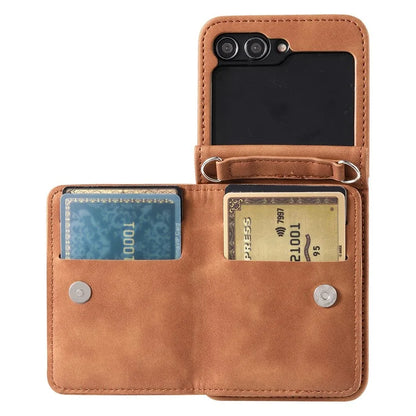 For Samsung Galaxy Z Flip5 5G Case Kickstand Card Holder Phone Leather Cover with Hand Strap