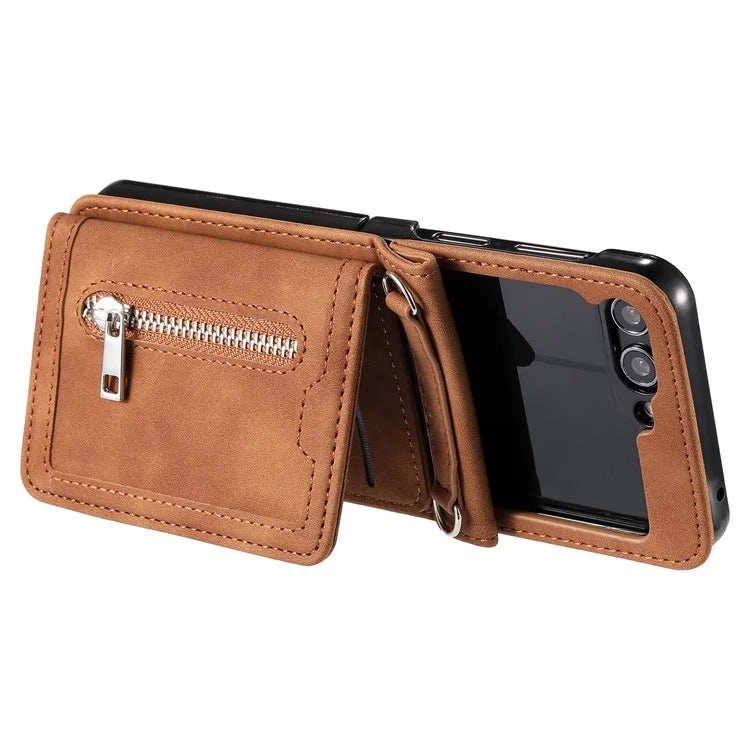 For Samsung Galaxy Z Flip5 5G Case Kickstand Card Holder Phone Leather Cover with Hand Strap