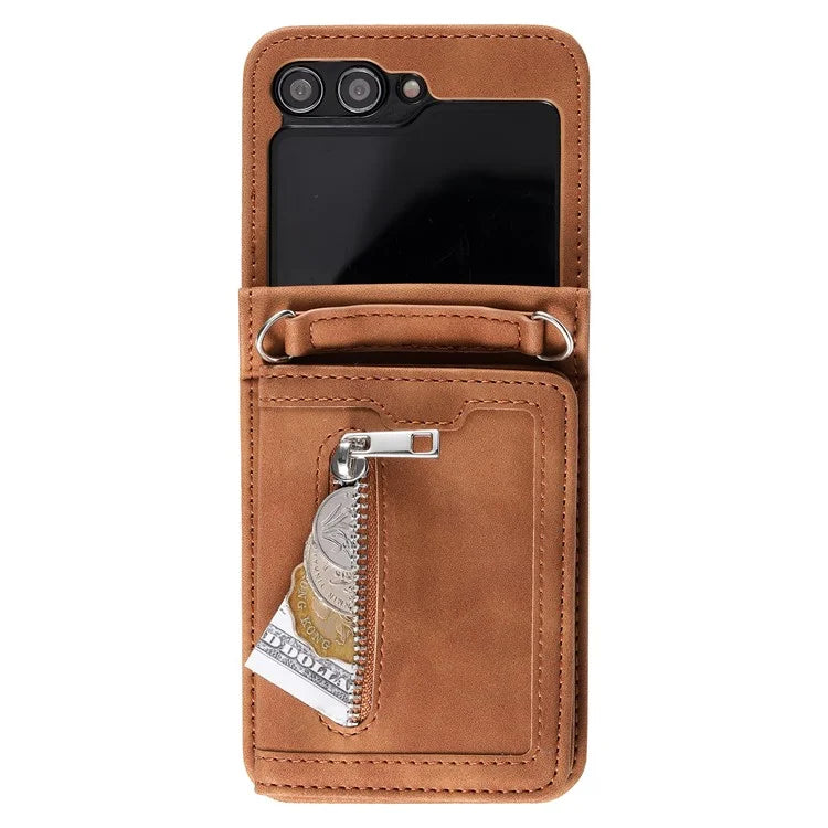 For Samsung Galaxy Z Flip5 5G Case Kickstand Card Holder Phone Leather Cover with Hand Strap