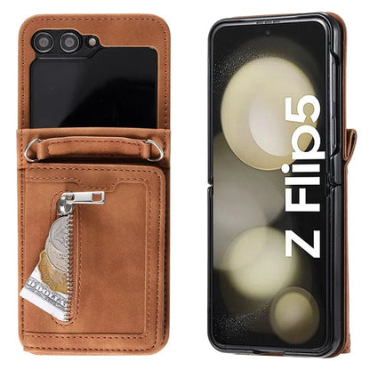 For Samsung Galaxy Z Flip5 5G Case Kickstand Card Holder Phone Leather Cover with Hand Strap