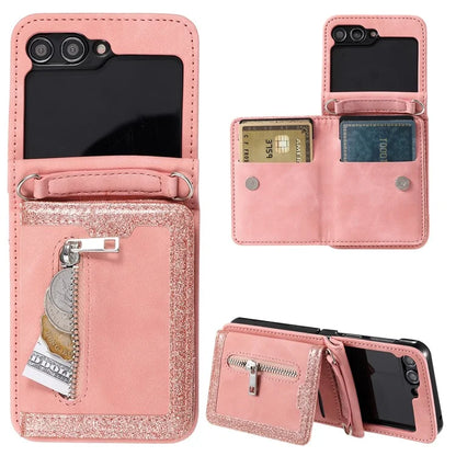 For Samsung Galaxy Z Flip5 5G Case Kickstand Card Holder Phone Leather Cover with Hand Strap