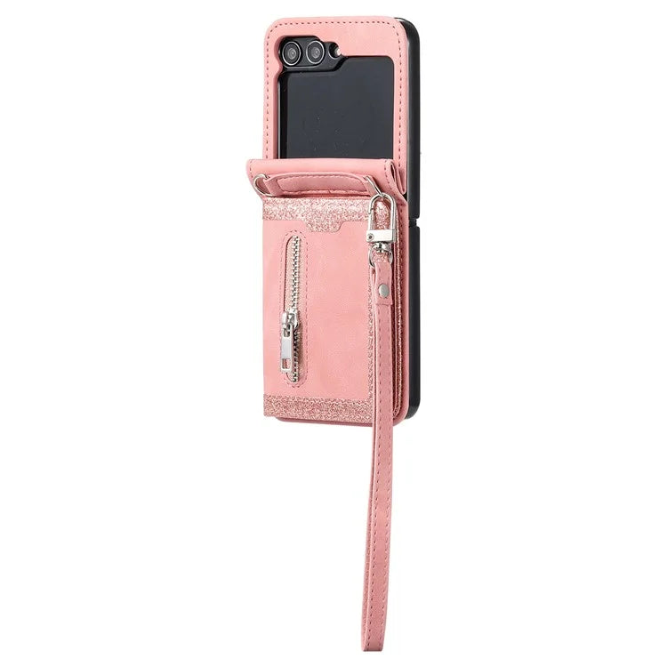 For Samsung Galaxy Z Flip5 5G Case Kickstand Card Holder Phone Leather Cover with Hand Strap