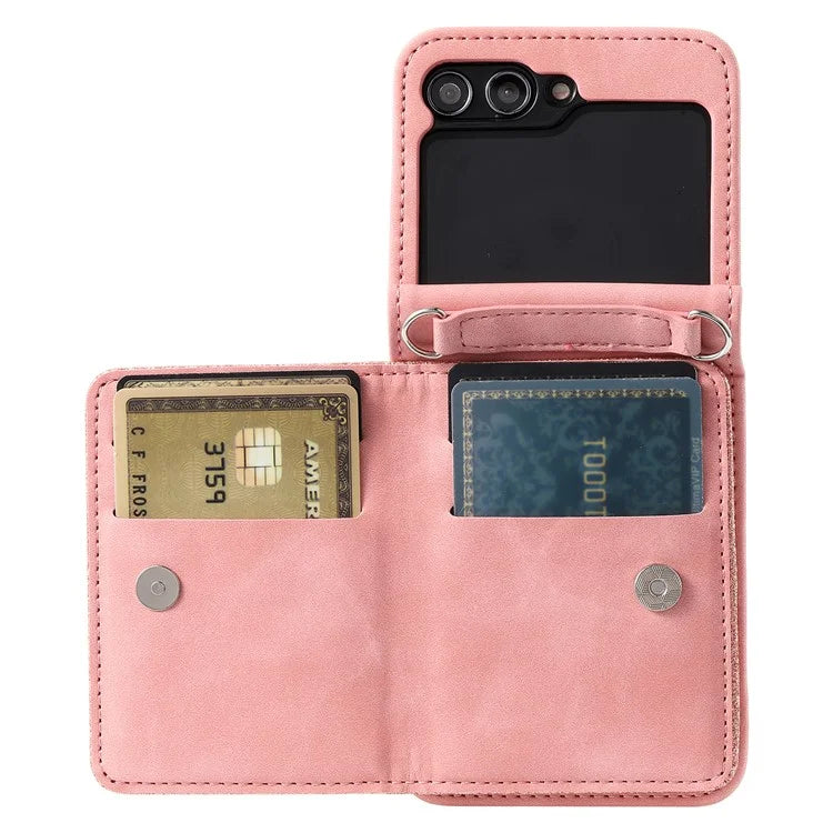For Samsung Galaxy Z Flip5 5G Case Kickstand Card Holder Phone Leather Cover with Hand Strap