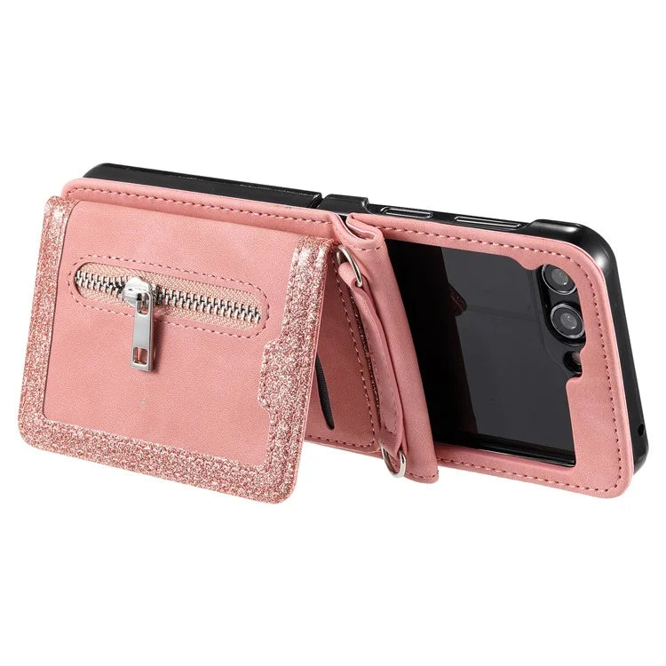 For Samsung Galaxy Z Flip5 5G Case Kickstand Card Holder Phone Leather Cover with Hand Strap