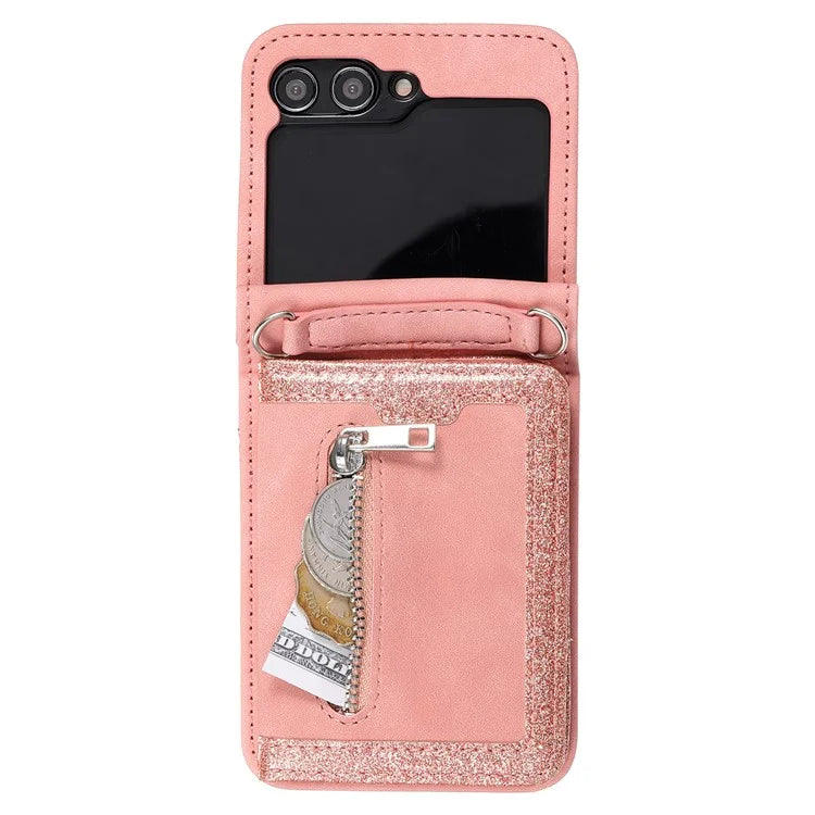 For Samsung Galaxy Z Flip5 5G Case Kickstand Card Holder Phone Leather Cover with Hand Strap