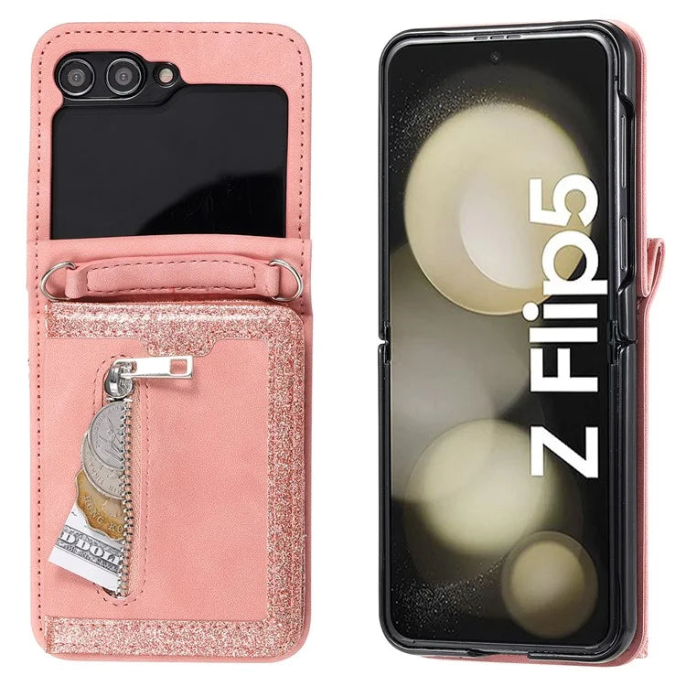 For Samsung Galaxy Z Flip5 5G Case Kickstand Card Holder Phone Leather Cover with Hand Strap