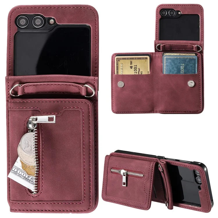 For Samsung Galaxy Z Flip5 5G Case Kickstand Card Holder Phone Leather Cover with Hand Strap