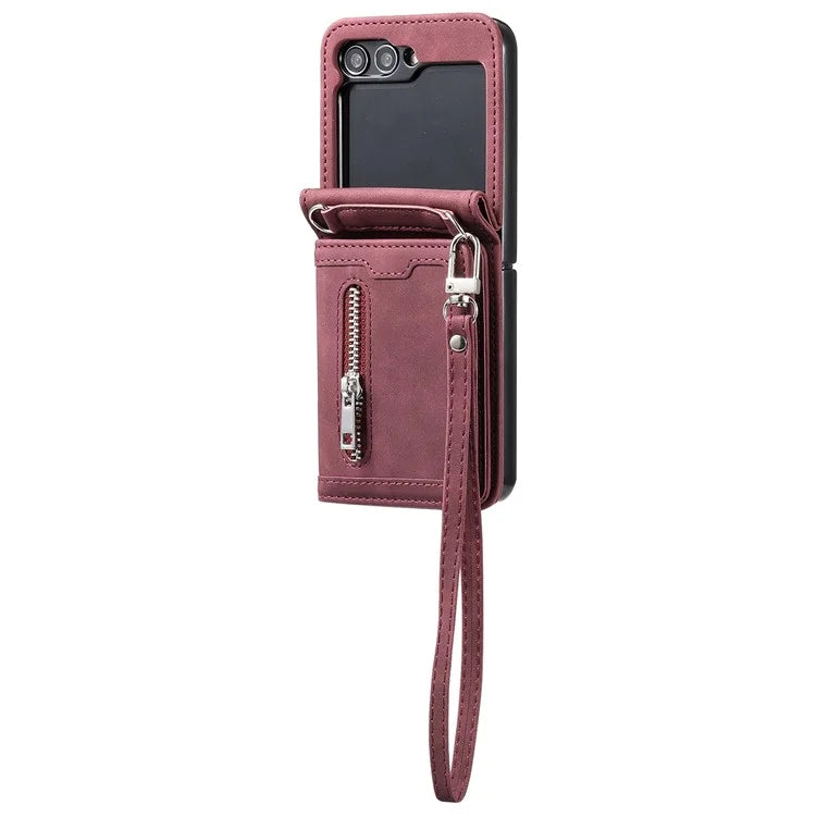 For Samsung Galaxy Z Flip5 5G Case Kickstand Card Holder Phone Leather Cover with Hand Strap