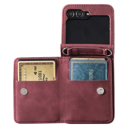 For Samsung Galaxy Z Flip5 5G Case Kickstand Card Holder Phone Leather Cover with Hand Strap
