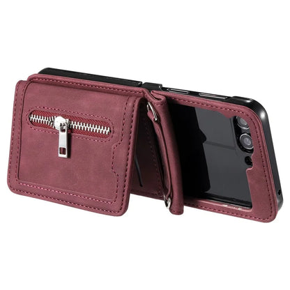 For Samsung Galaxy Z Flip5 5G Case Kickstand Card Holder Phone Leather Cover with Hand Strap