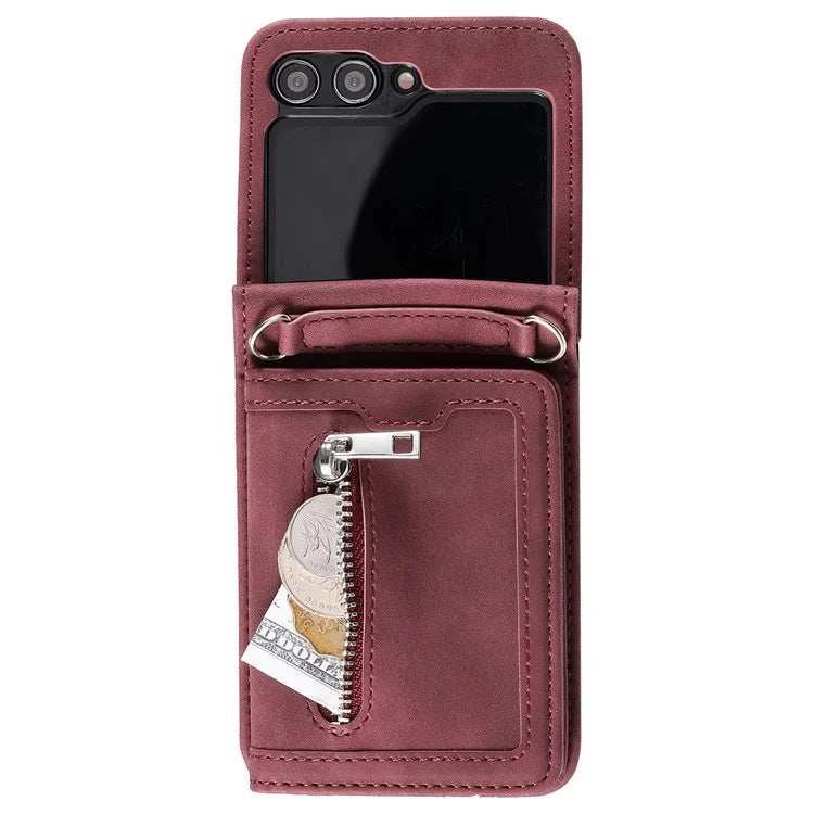For Samsung Galaxy Z Flip5 5G Case Kickstand Card Holder Phone Leather Cover with Hand Strap