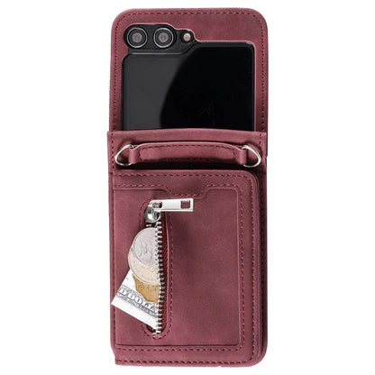 For Samsung Galaxy Z Flip5 5G Case Kickstand Card Holder Phone Leather Cover with Hand Strap