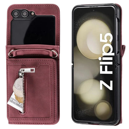 For Samsung Galaxy Z Flip5 5G Case Kickstand Card Holder Phone Leather Cover with Hand Strap