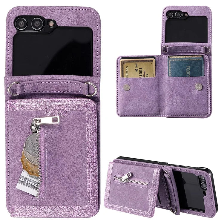 For Samsung Galaxy Z Flip5 5G Case Kickstand Card Holder Phone Leather Cover with Hand Strap