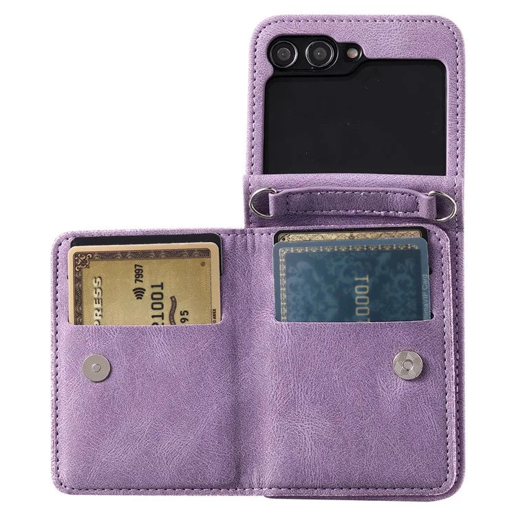 For Samsung Galaxy Z Flip5 5G Case Kickstand Card Holder Phone Leather Cover with Hand Strap